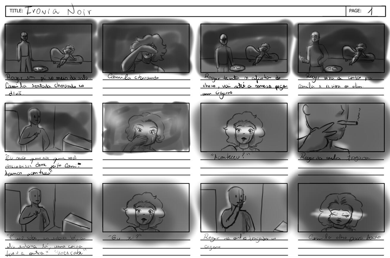 Storyboard de Curta Noir criado por mim para aula de Fotografia.