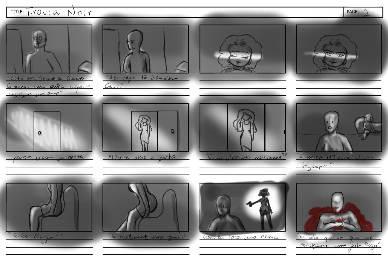 Storyboard de Curta Noir criado por mim para aula de Fotografia.