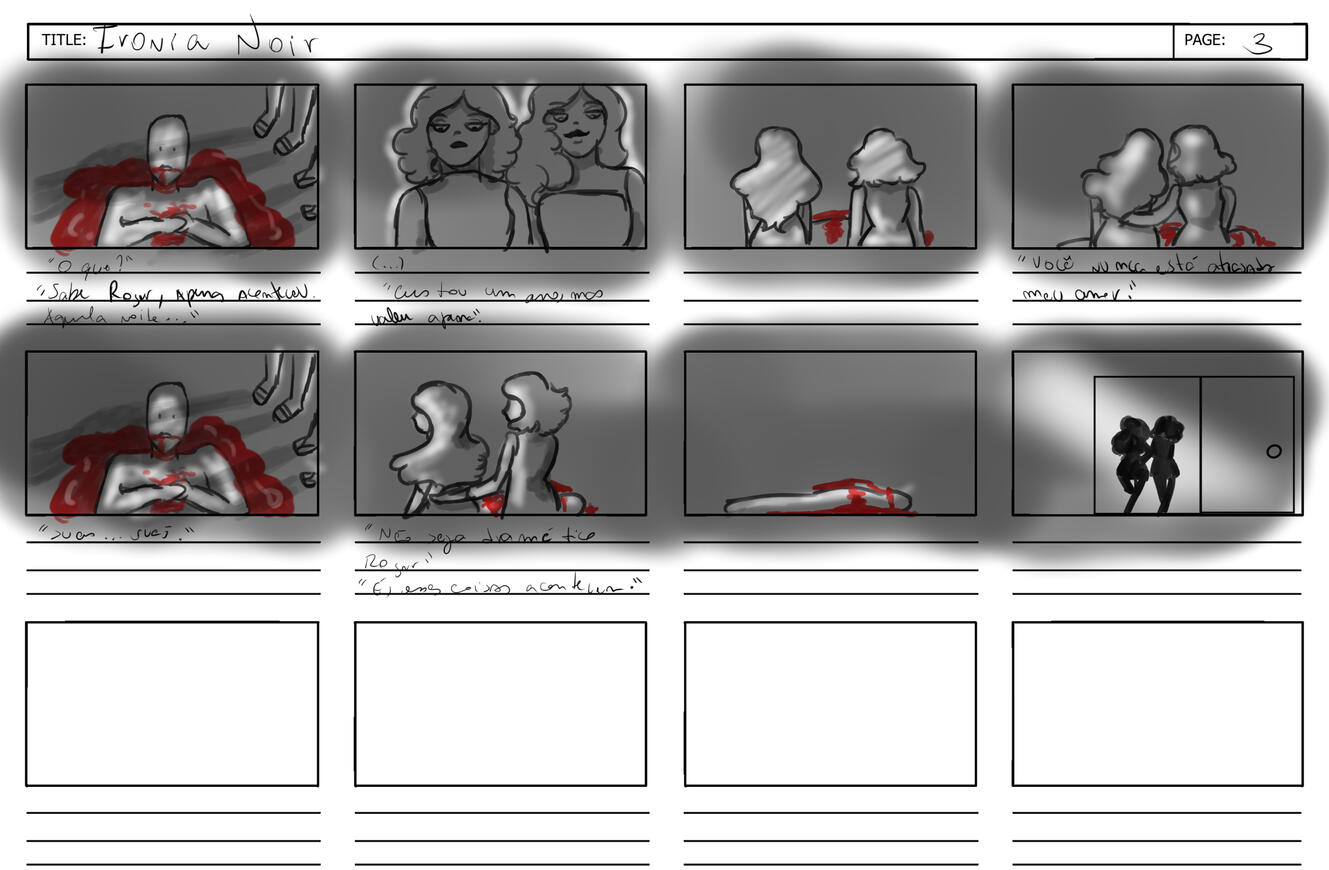 Storyboard de Curta Noir criado por mim para aula de Fotografia.